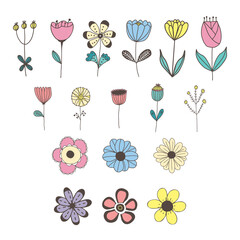 Vector set of isolated hand drawn flowers in pastel colors. For invitations, greeting cards, template for decorative stickers, banner, decoration design, print, design page site, badges.