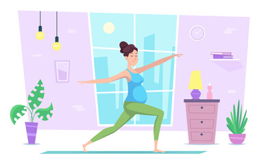 Pregnant yoga. Home recreation health activities woman making yoga exercises in modern interior exact vector flat illustration background