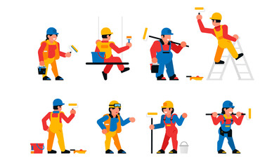 Fototapeta na wymiar Painters workers set. Men and women are painters. Finishing works, wall painting, plastering, repair. Vector illustration isolated on white background