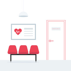 Waiting room. Cardiologist. Three red empty chairs. A poster on the wall. Ceiling light. Linear door. Medical appointment.Vector illustration, flat design