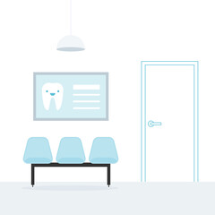 Waiting room. Dentist. Three blue empty chairs. A poster on the wall. Ceiling light. Linear door. Medical appointment. Vector illustration, flat design