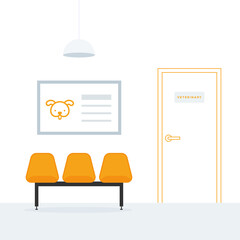 Waiting room. Veterinary. Three orange empty chairs. A poster on the wall. Ceiling light. Linear door. Appointment. Vector illustration, flat design