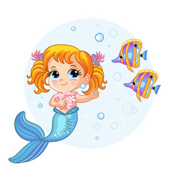 Cute pretty mermaid and fishes vector cartoon illustration