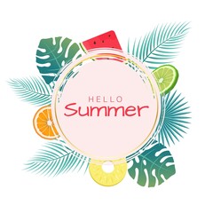 Summer social media post template with elements of palm leaves, orange, lime, watermelon and pineapple slices. Grunge texture. Element for design, postcard.