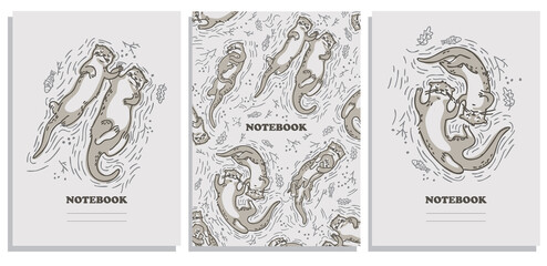 Set Composition Notebook, College Notebooks, Girl Boy School Notebook. Design cover book. Funny otters swim in the water and hold each other's paws. Doodle style