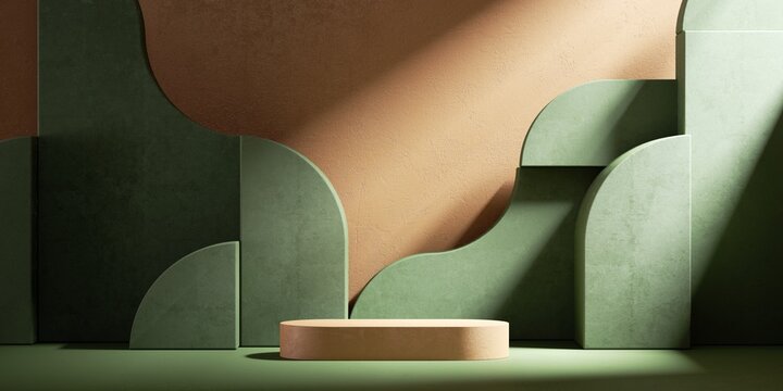 3d render, modern minimal showcase with empty podium and abstract green geometric shapes isolated on terracotta background and illuminated with sunlight rays
