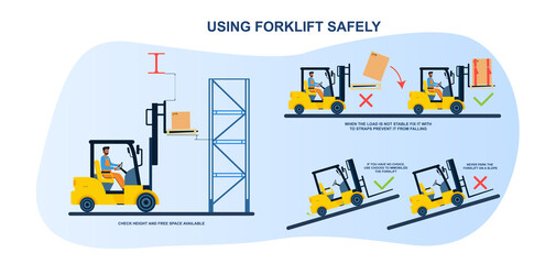 Male worker is using forklift according to safety rules in warehouse