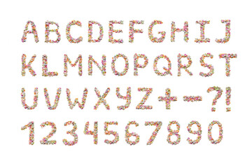 English alphabet with numbers. Floral letters, made from colorful flowers.