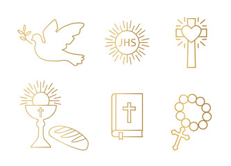 golden christianity icon set; dove, holy communion, cross, chalice and bread, bible and rosary - vector illustration - 435439545