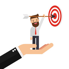Hand is lifting the businessman to reach his goal