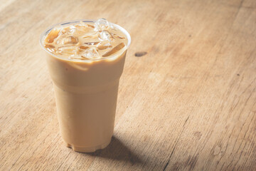 ice coffee on wooden table