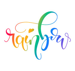 Rainbow, multicolored lettering with doodle heart. Vector illustration isolated on white background