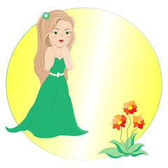 Girl with flowers on a yellow background