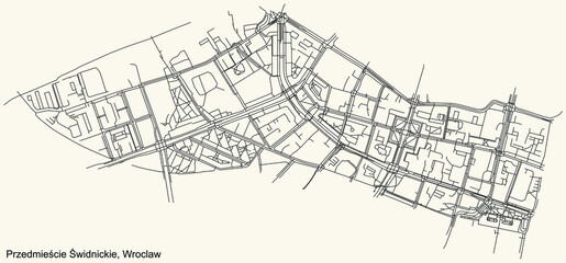 Fototapeta na wymiar Black simple detailed street roads map on vintage beige background of the quarter Przedmieście Świdnickie district of Wroclaw, Poland