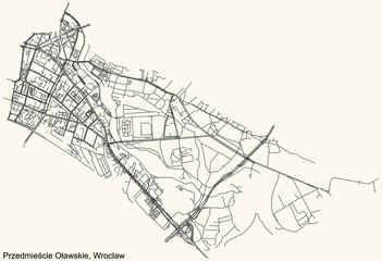 Black simple detailed street roads map on vintage beige background of the quarter Przedmieście Oławskie district of Wroclaw, Poland