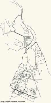 Black simple detailed street roads map on vintage beige background of the quarter Pracze Odrzańskie district of Wroclaw, Poland