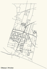 Black simple detailed street roads map on vintage beige background of the quarter Ołtaszyn district of Wroclaw, Poland