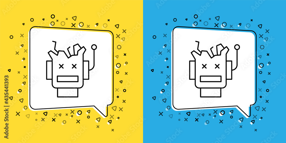Poster set line broken robot icon isolated on yellow and blue background. artificial intelligence, machine 