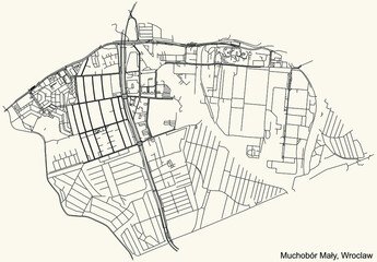 Black simple detailed street roads map on vintage beige background of the quarter Muchobór Mały district of Wroclaw, Poland