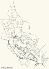 Black simple detailed street roads map on vintage beige background of the quarter Maślice district of Wroclaw, Poland
