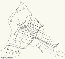 Black simple detailed street roads map on vintage beige background of the quarter Kuźniki district of Wroclaw, Poland