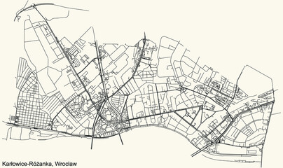 Black simple detailed street roads map on vintage beige background of the quarter Karłowice-Różanka district of Wroclaw, Poland