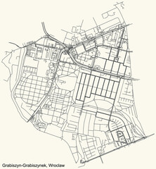 Black simple detailed street roads map on vintage beige background of the quarter Grabiszyn-Grabiszynek district of Wroclaw, Poland