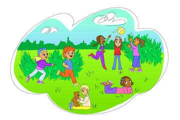 Group of multicultural kids playing outside on a grass lawn. Cartoon children characters scene. Summer outdoor activity in a park. Black and white kindergarten or school friends walk on a sunny day.
