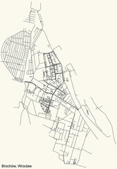 Black simple detailed street roads map on vintage beige background of the quarter Brochów district of Wroclaw, Poland