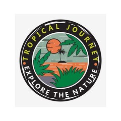 Simple adventure badge logo logo design with moon, beach and tropical view illustration.