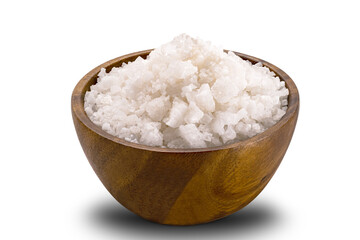 Side view of natural sea salt in wooden bowl on white background with clipping path.