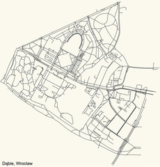 Black simple detailed street roads map on vintage beige background of the quarter Dąbie district of Wroclaw, Poland