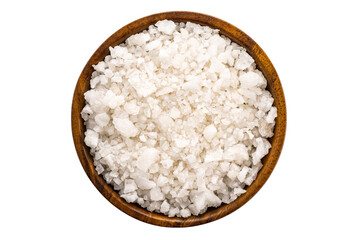 Fototapeta na wymiar Top view of sea salt in wooden bowl on white background with clipping path.