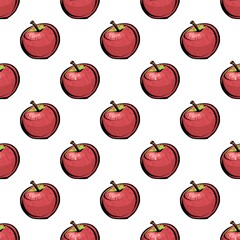 Seamless pattern. Red apples on a white background. A rare polka dot pattern. Apples is a realistic sketch.