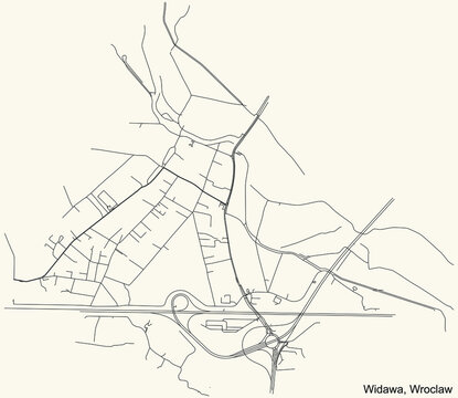 Black simple detailed street roads map on vintage beige background of the quarter Widawa district of Wroclaw, Poland