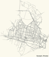 Black simple detailed street roads map on vintage beige background of the quarter Szczepin district of Wroclaw, Poland