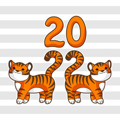 Fototapeta na wymiar Greeting card with cute tigers. Symbol of Happy Chinese New Year 2022.