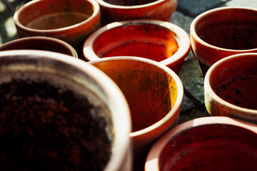 close up of terracotta flower pots