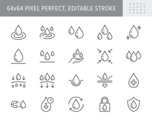 Cosmetic properties line icons. Vector illustration include icon - water shield, drop, absorb, lotion, serum, cosmetic outline pictogram for skin liquid absorb. 64x64 Pixel Perfect, Editable Stroke - obrazy, fototapety, plakaty
