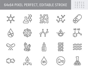 Cosmetic compounds line icons. Vector illustration include icon - vitamin, antioxidant, coenzyme q10, collagen outline pictogram for beauty chemical components. 64x64 Pixel Perfect, Editable Stroke