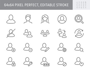 Users line icons. Vector illustration include icon - head, member, face, member, people, login, woman, man, teamwork outline pictogram for default profile avatar. 64x64 Pixel Perfect, Editable Stroke