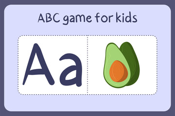 Kid alphabet mini games in cartoon style with letter A - avocado. Vector illustration for game design - cut and play. Learn abc with fruit and vegetable flash cards.