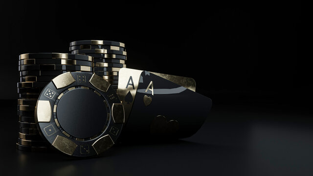 Casino Chips And Aces, Modern Black And Golden Isolated On The Black Background. Place For Logo Or Text - 3D Illustration	
