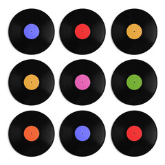 Set with vintage vinyl records on white background, top view