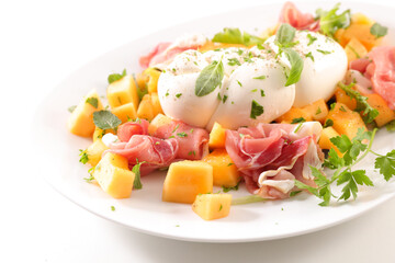 melon salad with prosciutto ham and mozzarella