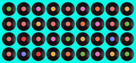 Set with vintage vinyl records on turquoise background, top view. Banner design