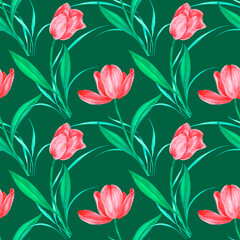 Seamless floral pattern with red tulips, foliage and grass for printing, packaging, textiles, wallpaper, wrapping paper. Watercolor