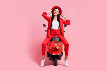 Fototapeta na wymiar Full length photo of young girl happy positive smile dream look empty space wear sunhat trip motorbike isolated over pastel color background