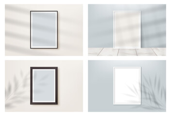 Set of realistic blank picture frames  hanging on a light wall from the Front. Design Template for Mock Up.