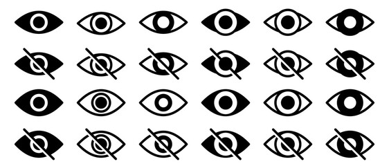 Information sign about delicate content. Conceptual symbols of internet security. Visible or hidden data entry. Broken and open eye icon. Vector elements
